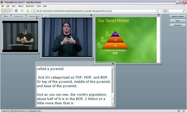 Screen capture of ClassInFocus showing the slides, presenter, interpreter, and captions.